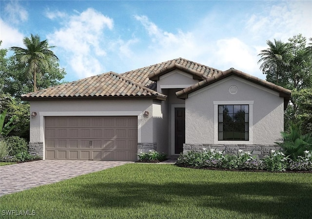 view of front of house with a garage and a front lawn