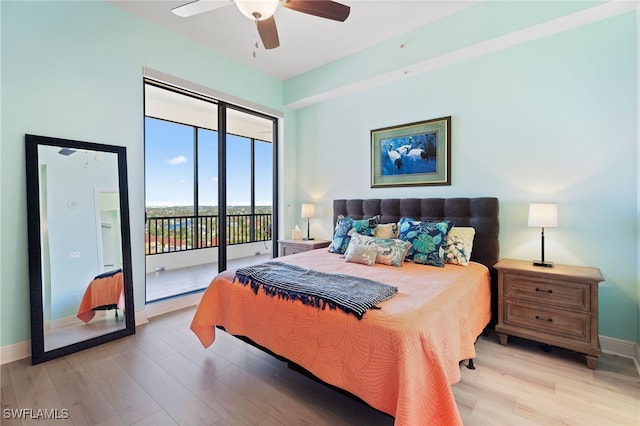 bedroom featuring ceiling fan, light hardwood / wood-style floors, and access to exterior