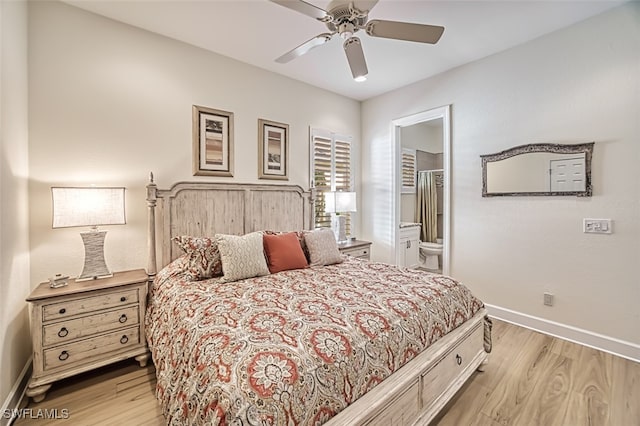 bedroom with ensuite bathroom, ceiling fan, and light wood-type flooring