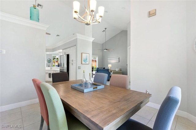 dining room with ceiling fan with notable chandelier, high vaulted ceiling, light tile patterned floors, and ornamental molding