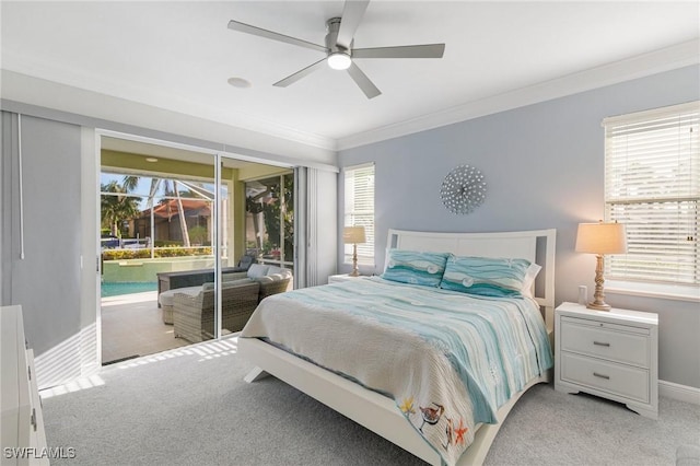 bedroom featuring access to outside, ceiling fan, light colored carpet, and ornamental molding