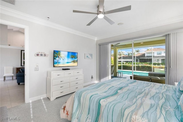 bedroom with access to outside, ceiling fan, crown molding, and light tile patterned flooring