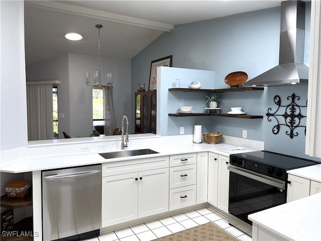 kitchen with white cabinetry, electric range, dishwasher, wall chimney exhaust hood, and sink