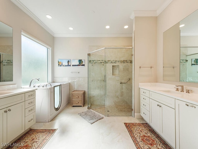 bathroom with vanity, an enclosed shower, and crown molding