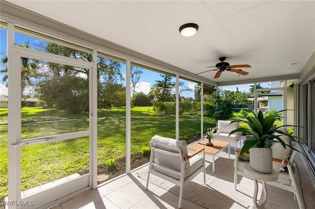 sunroom / solarium featuring ceiling fan and a healthy amount of sunlight