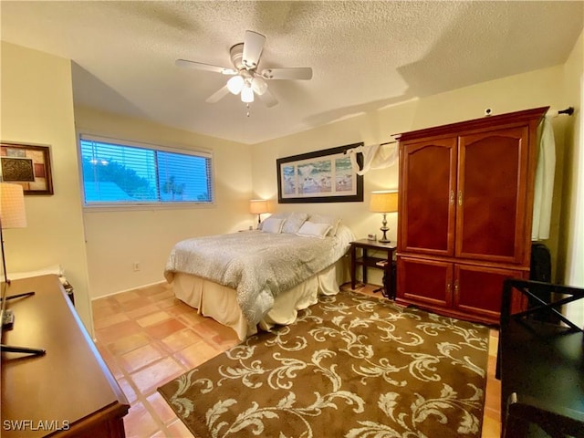 bedroom featuring a textured ceiling and ceiling fan