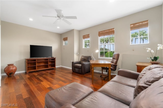 living room with dark hardwood / wood-style floors and ceiling fan