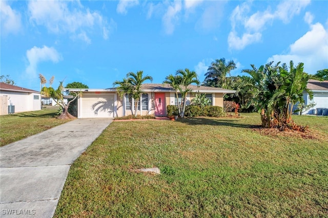 single story home with driveway, a front lawn, and an attached garage