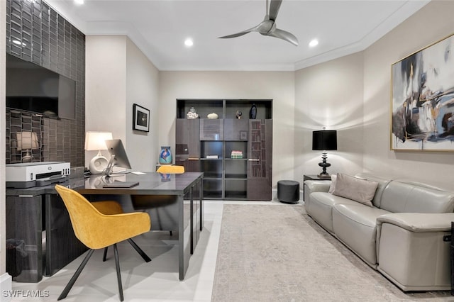 office with light tile patterned floors, ceiling fan, and crown molding