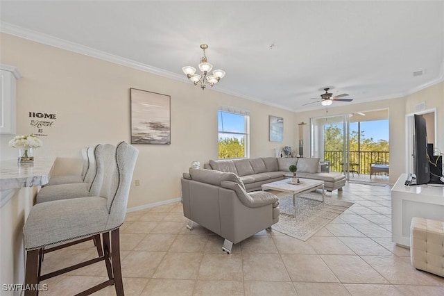 tiled living room featuring crown molding and ceiling fan with notable chandelier