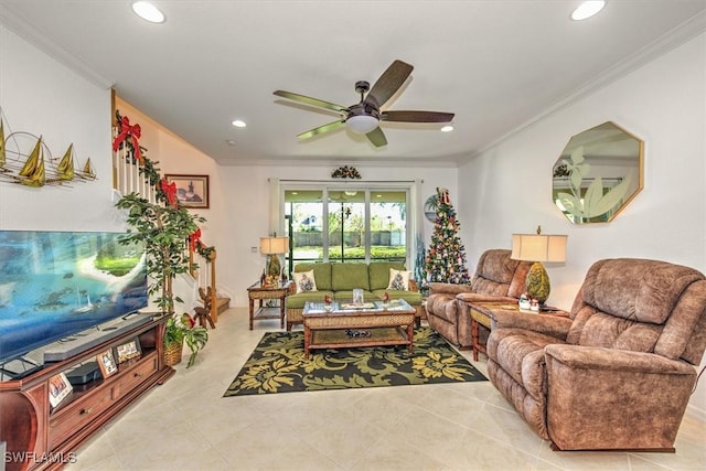 living room featuring recessed lighting, crown molding, and a ceiling fan