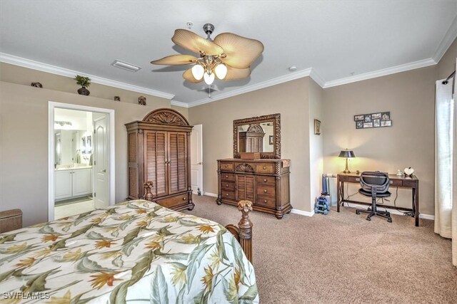 bedroom with ceiling fan, light carpet, visible vents, baseboards, and crown molding