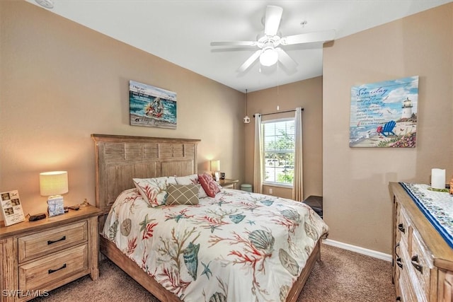 bedroom featuring baseboards, carpet floors, and ceiling fan