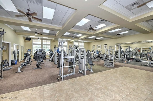 workout area with visible vents, coffered ceiling, and crown molding