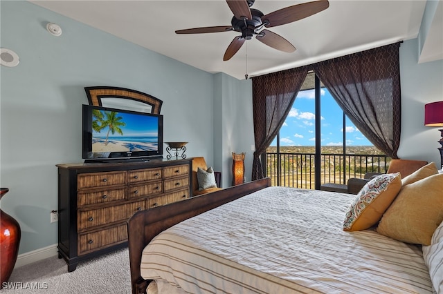 carpeted bedroom with ceiling fan and access to outside