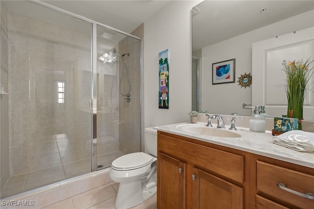 bathroom with toilet, vanity, tile patterned floors, and a shower with door