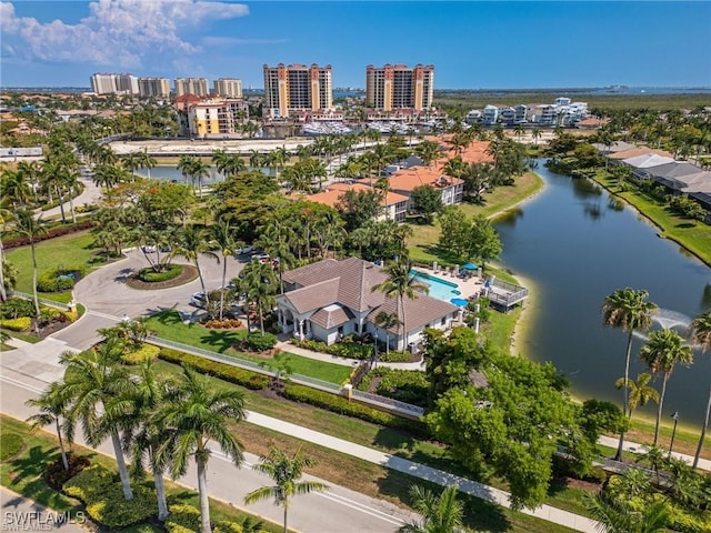 drone / aerial view with a water view