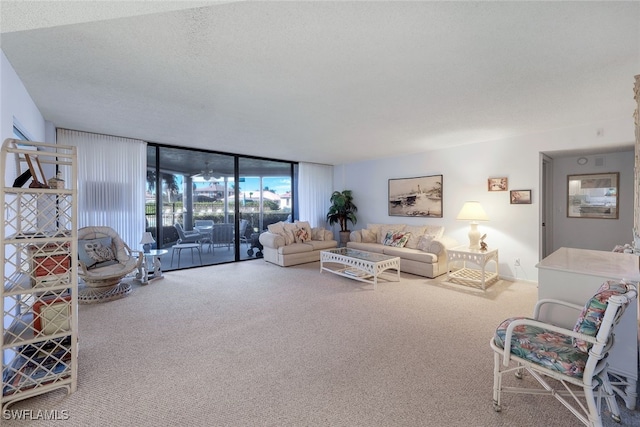 living room with carpet flooring, a textured ceiling, and expansive windows