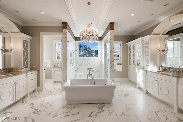 bathroom featuring a sink, marble finish floor, crown molding, and recessed lighting