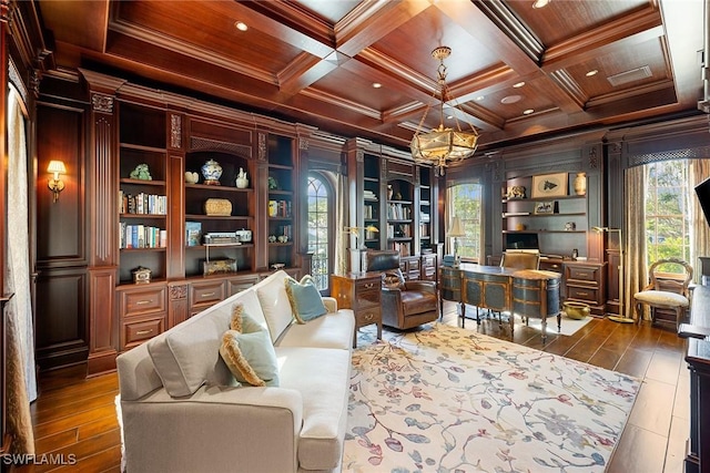 sitting room with ornamental molding, wooden ceiling, coffered ceiling, and dark wood-style flooring