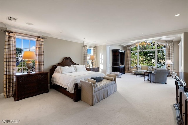 bedroom featuring carpet floors, recessed lighting, visible vents, and ornamental molding