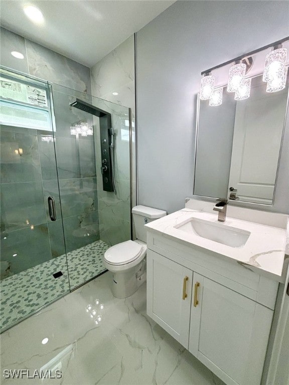 bathroom with vanity, toilet, and walk in shower