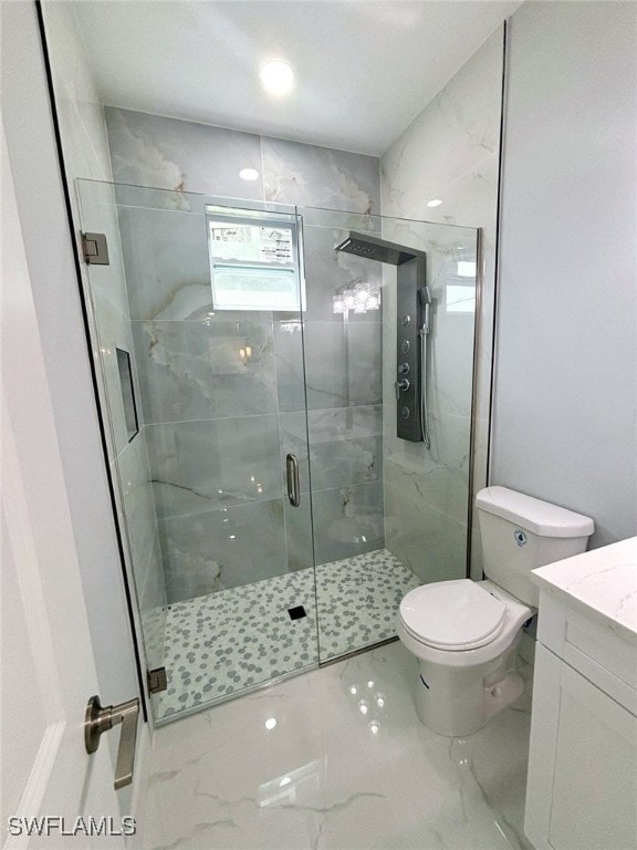 bathroom featuring vanity, toilet, and an enclosed shower