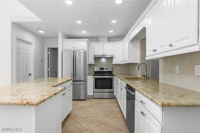 kitchen featuring light stone counters, sink, white cabinets, and appliances with stainless steel finishes