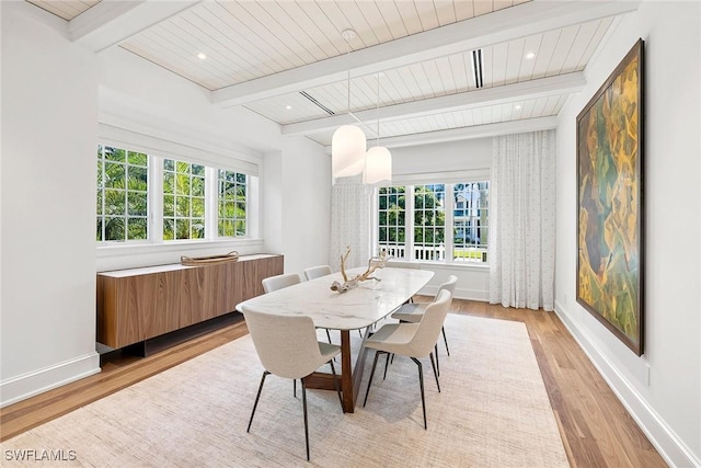 dining area featuring plenty of natural light, beam ceiling, light wood-type flooring, and wooden ceiling