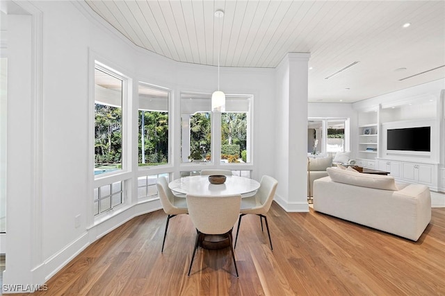 dining space with built in features, light wood-type flooring, and wooden ceiling