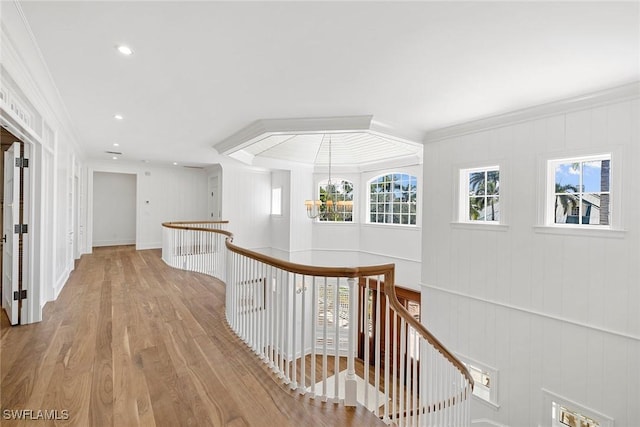 hall featuring wood walls, light hardwood / wood-style floors, and crown molding