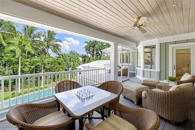 sunroom featuring ceiling fan and wood ceiling