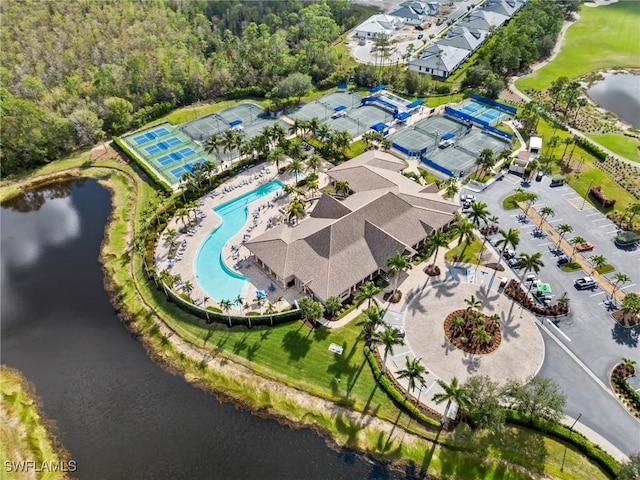 aerial view featuring a water view