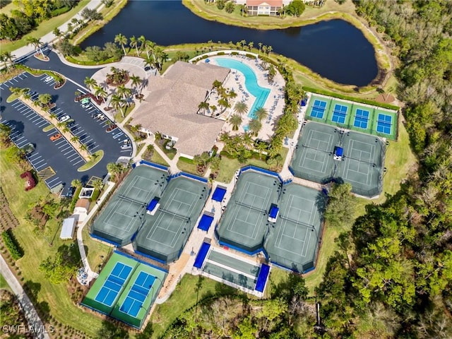 birds eye view of property featuring a water view