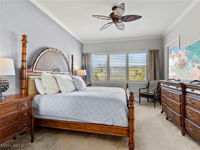 bedroom featuring ceiling fan, light colored carpet, and crown molding