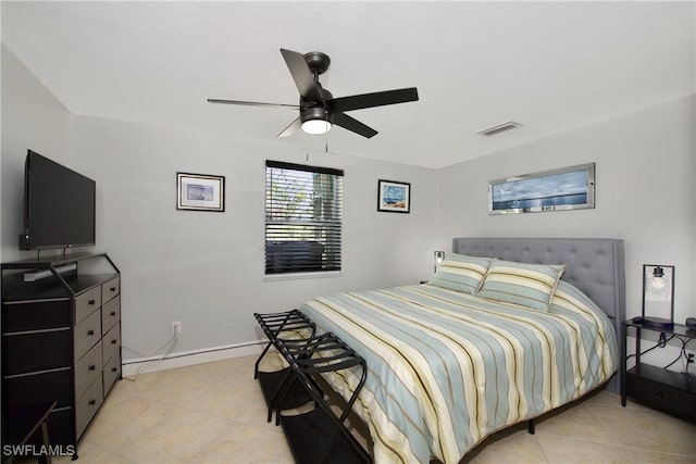 bedroom featuring a ceiling fan, visible vents, baseboards, and light tile patterned floors