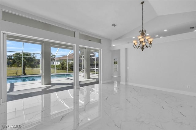 unfurnished room featuring vaulted ceiling and a notable chandelier