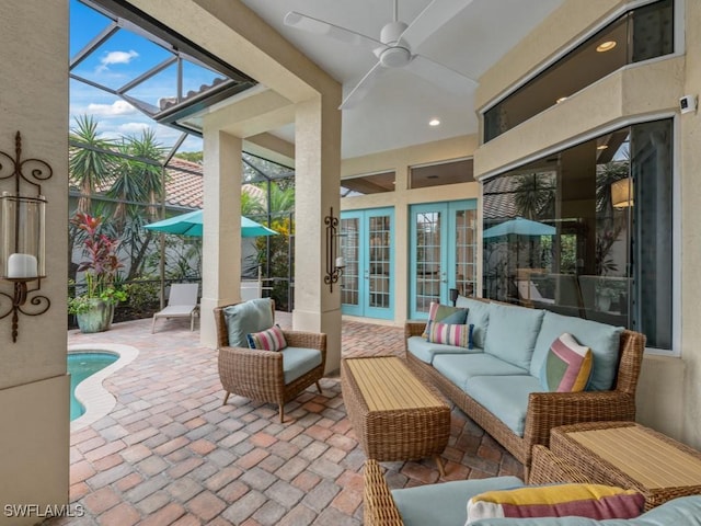 view of patio / terrace featuring an outdoor living space, a lanai, and ceiling fan