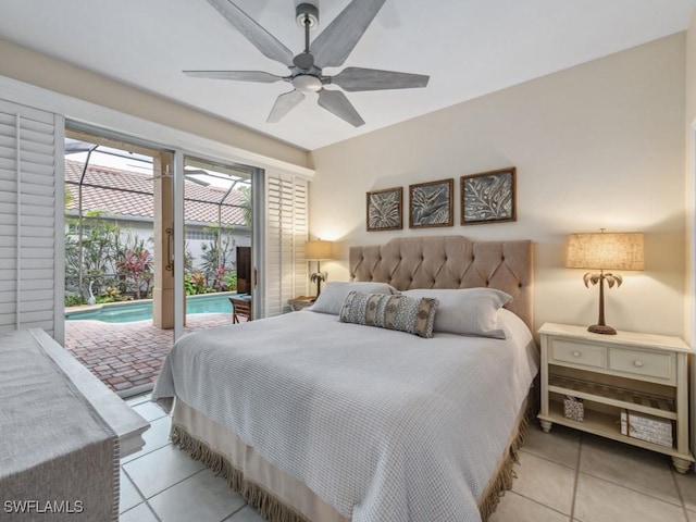 tiled bedroom featuring access to outside and ceiling fan