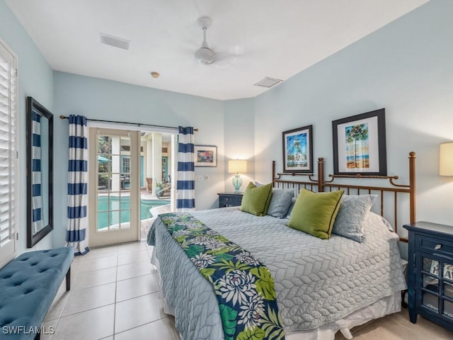 tiled bedroom with access to outside, french doors, and ceiling fan