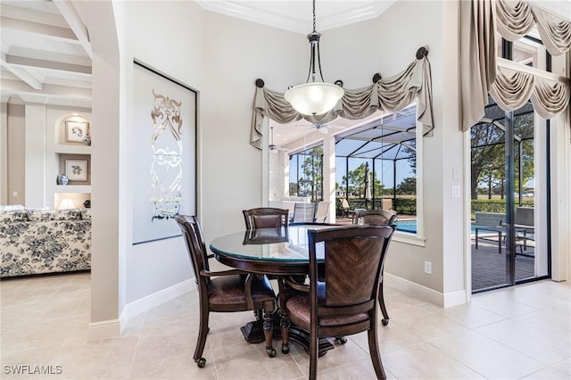 dining area with beam ceiling, light tile patterned floors, and crown molding