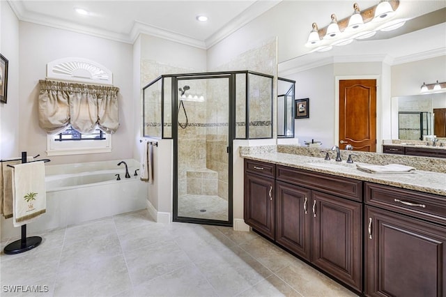 bathroom with plus walk in shower, vanity, tile patterned floors, and ornamental molding