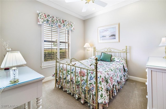 bedroom with ceiling fan, light colored carpet, and ornamental molding