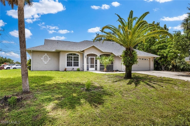 ranch-style home featuring a front lawn and a garage