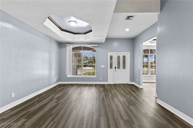 entryway with dark hardwood / wood-style floors, a healthy amount of sunlight, and a tray ceiling