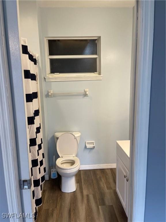 bathroom with vanity, wood-type flooring, and toilet