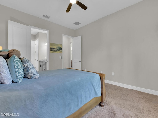 bedroom with a ceiling fan, visible vents, light carpet, and baseboards