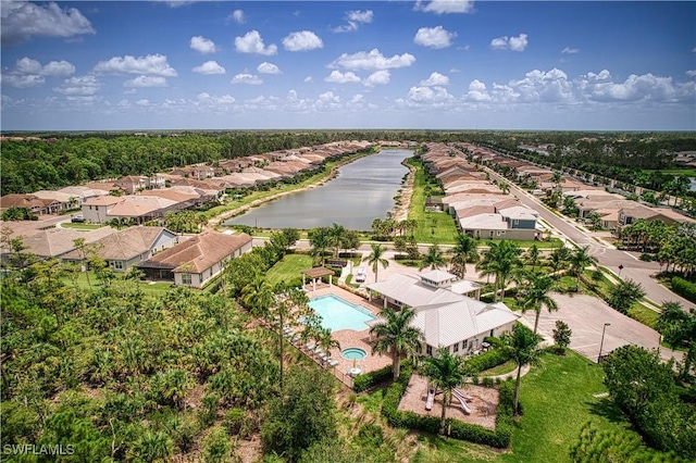 aerial view with a residential view and a water view