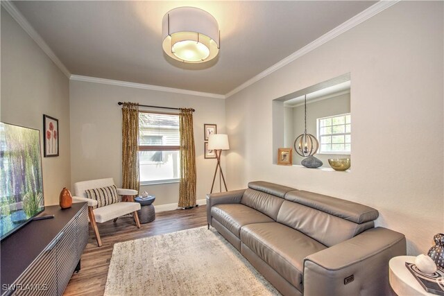 living room with hardwood / wood-style floors, ornamental molding, and a notable chandelier