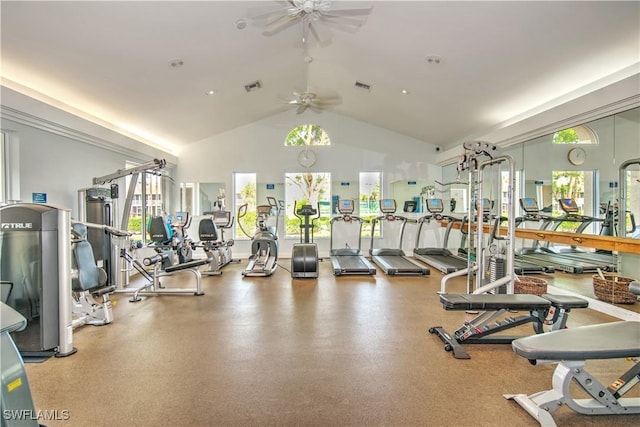 exercise room with high vaulted ceiling and ceiling fan